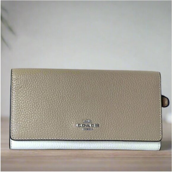 Coach Slim Trifold Wallet Womens Sandy Beige Leather CC816 Colorblock Snap - Picture 1 of 8